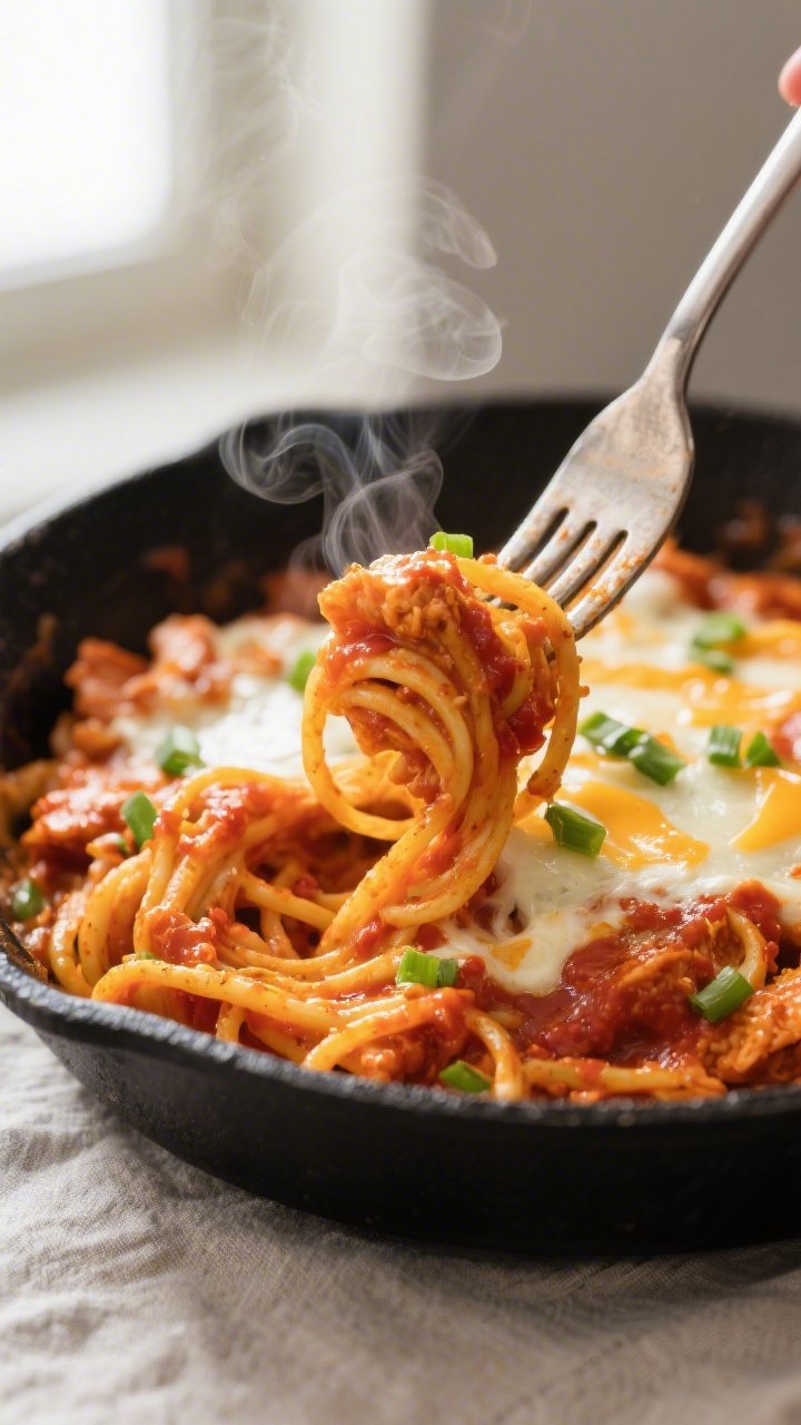 Close-up detail: Fork-twirled strands of roasted spaghetti squash folded with creamy buffalo chicken