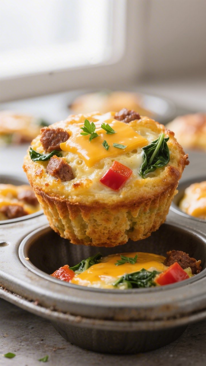 Close-up detail: Freshly baked keto breakfast sausage muffins just out of the oven, golden tops with