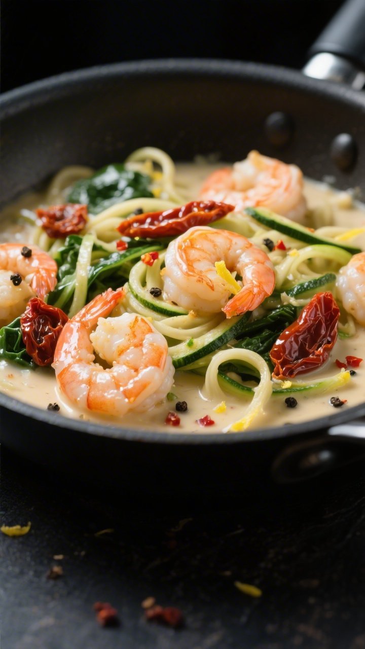 Close-up detail: Glossy, cream-coated shrimp nestled with ribbons of sautéed zucchini noodles in a 