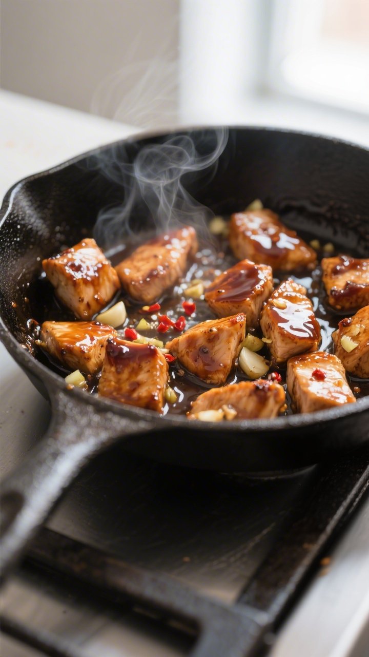 Close-up detail: Glossy keto chicken teriyaki cubes sizzling in a skillet during the thickening stag