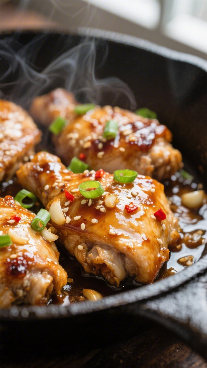 Close-up detail: Glossy keto honey garlic chicken thighs just after simmering in the skillet, sauce