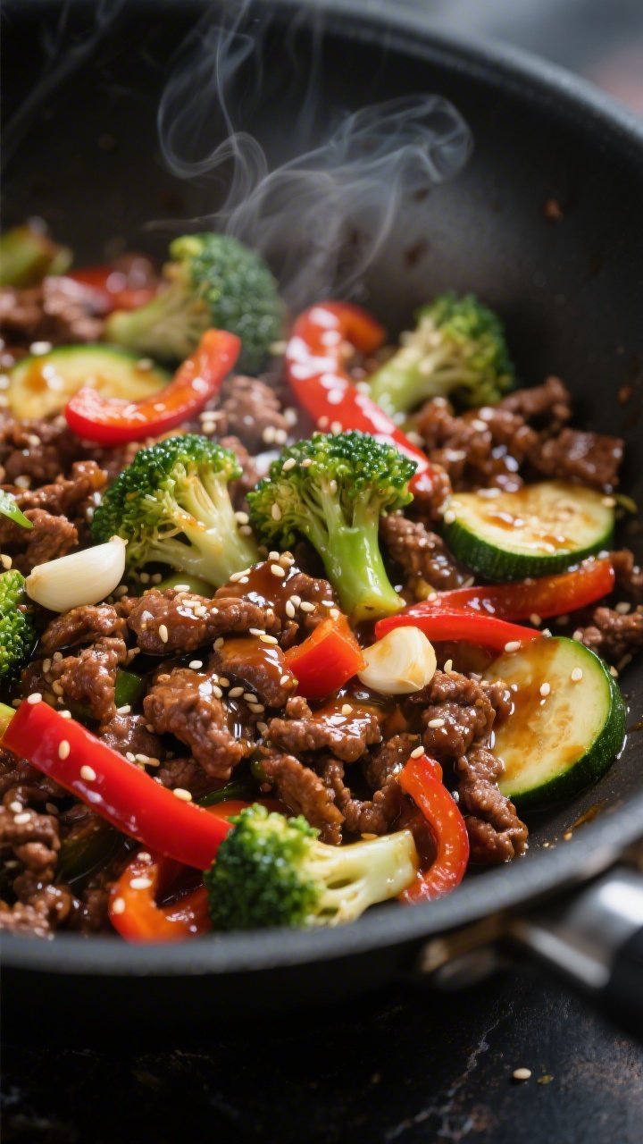 Close-up detail: Glossy keto teriyaki hamburger stir fry mid-simmer in a wok, showing caramelized cr