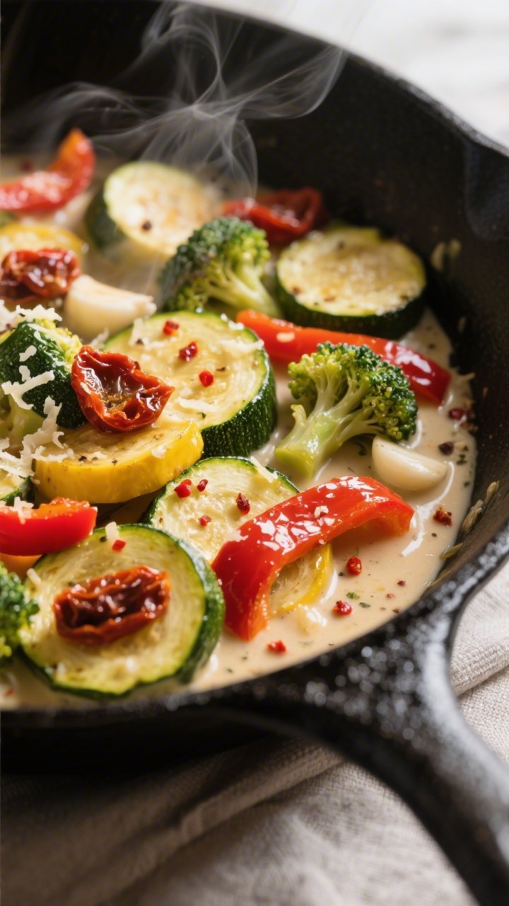 Close-up detail: Glossy, sautéed medley of zucchini and yellow squash half-moons, red bell pepper s
