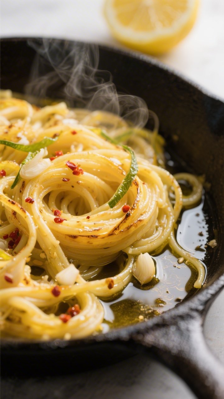 Close-up detail: Glossy strands of roasted spaghetti squash being tossed in a skillet with melted bu