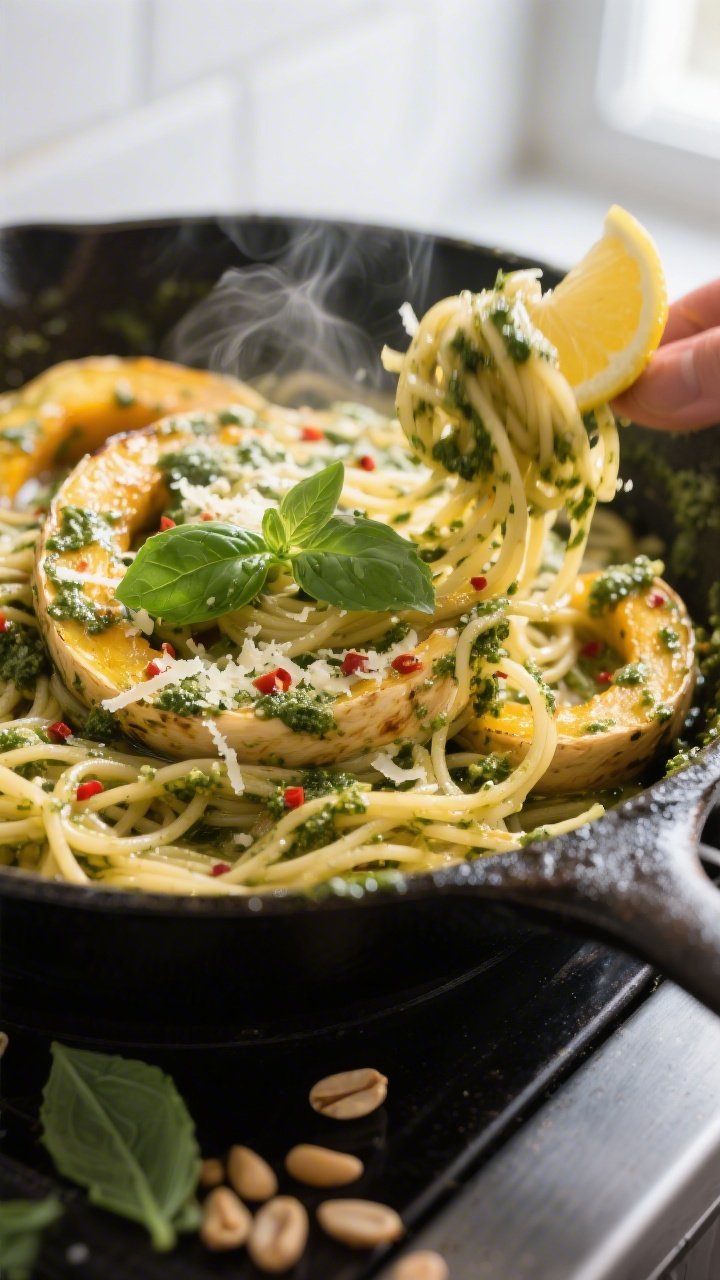 Close-up detail: Glossy strands of roasted spaghetti squash being tossed in a skillet with vibrant b