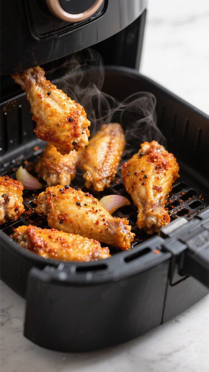 Close-up detail: Golden air-fried chicken wings just out of the basket at 400°F, skin crackly and b