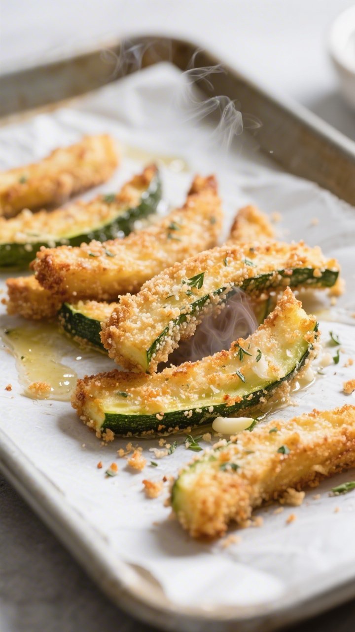 Close-up detail: Golden-brown oven-baked zucchini fries just out of the oven, crisp panko-Parmesan c