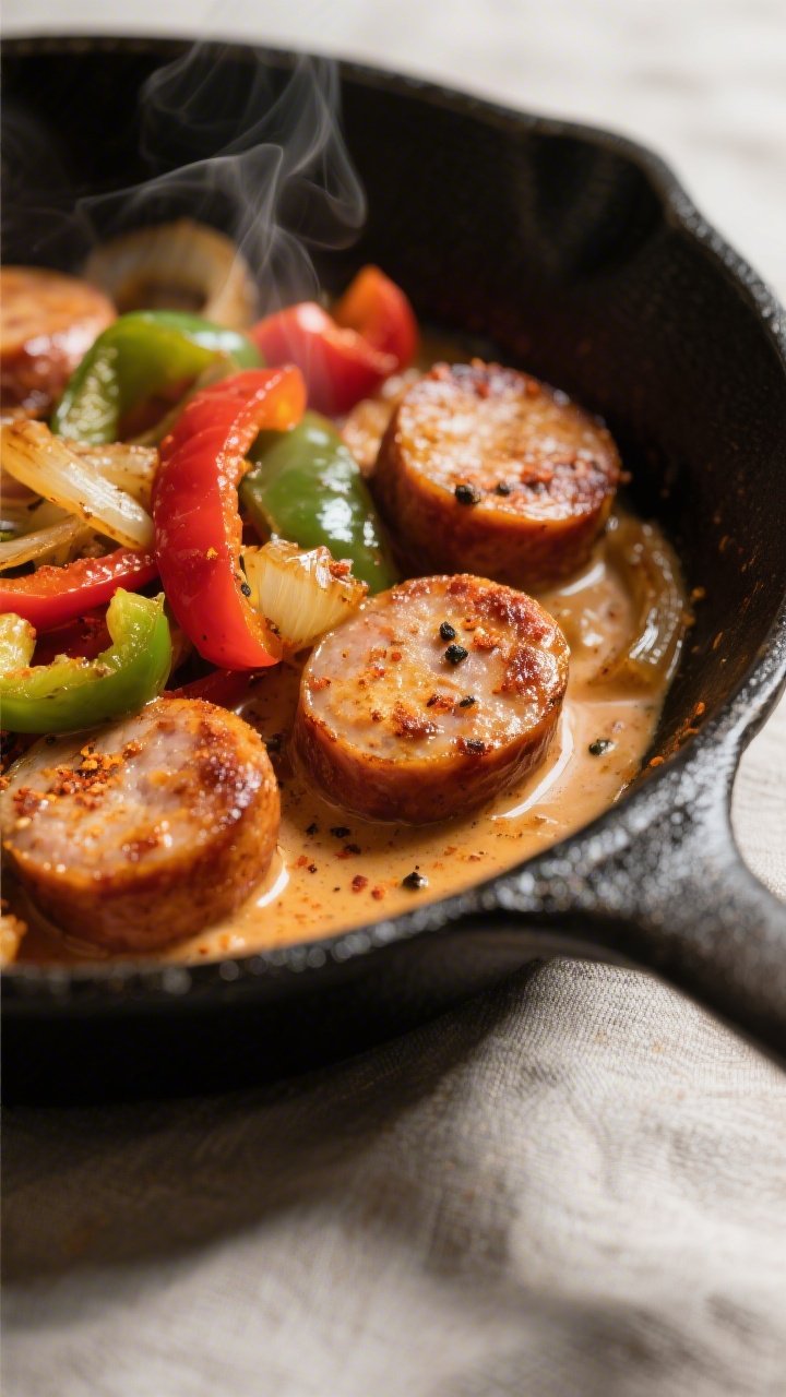 Close-up detail: Golden-browned andouille sausage coins nestled with sautéed red and green bell pep