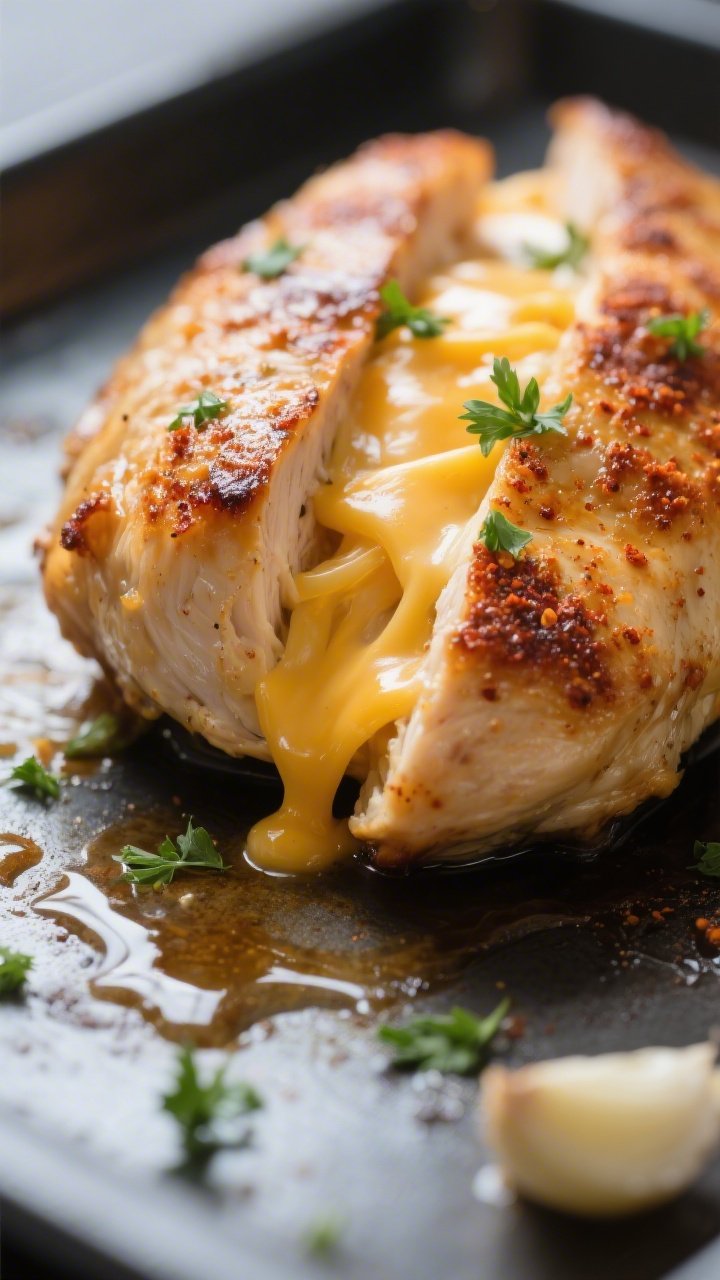 Close-up detail: Golden-browned cheddar-stuffed chicken breast just out of the oven, cheese visibly 
