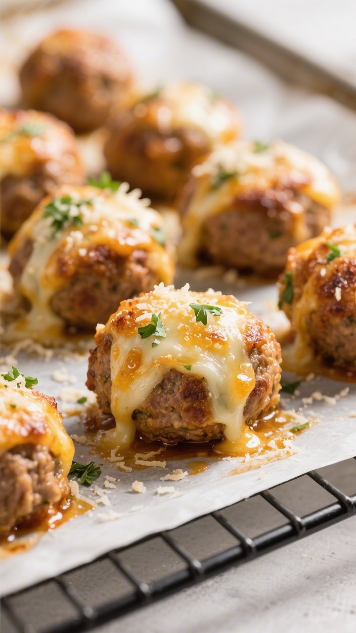 Close-up detail: Golden-browned cheesy keto meatballs just out of the oven on a wire rack over a par