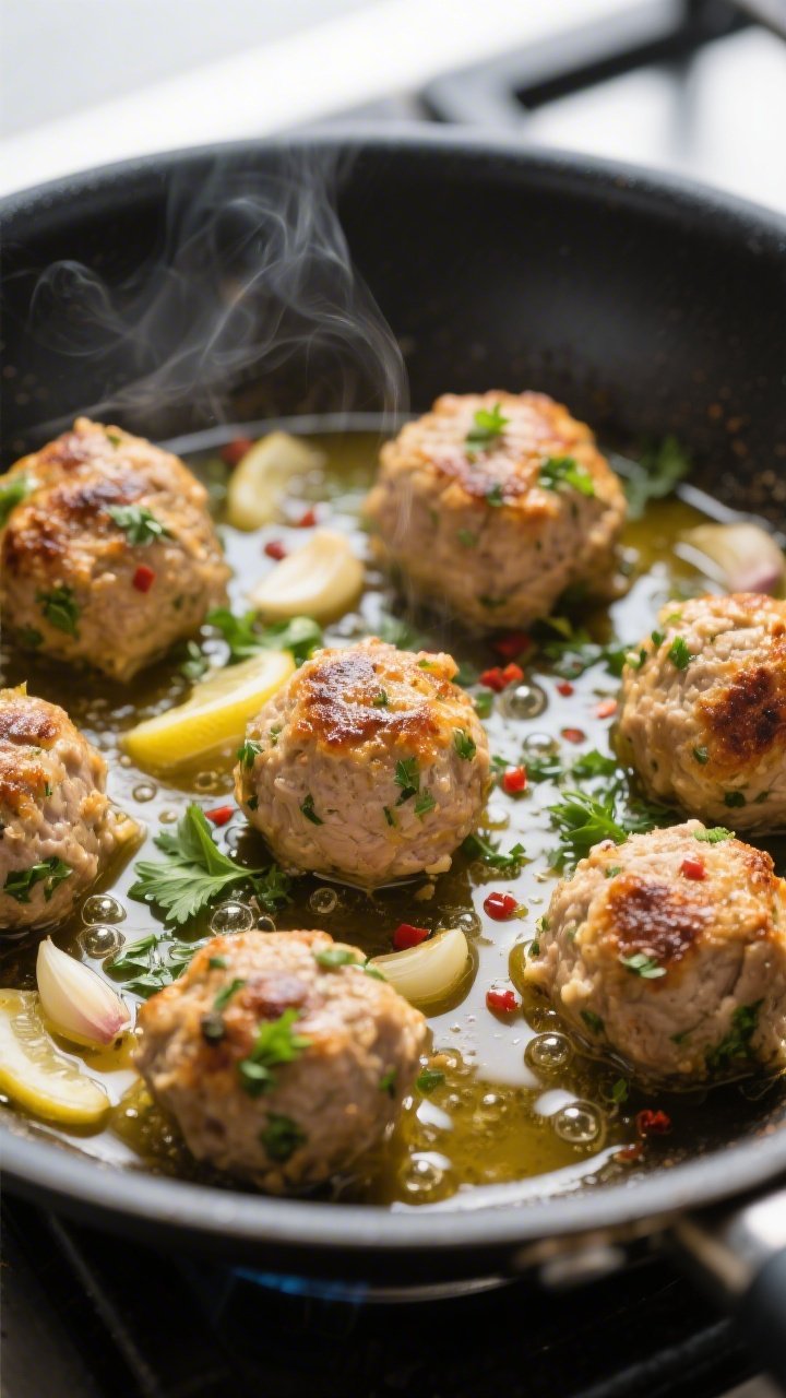 Close-up detail: Golden-browned garlic herb turkey meatballs sizzling in a skillet, glistening with 