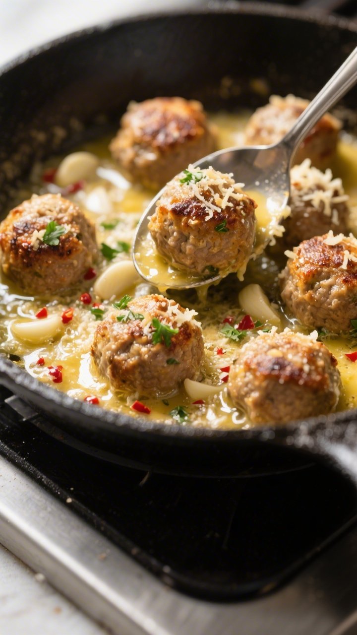 Close-up detail: Golden-browned garlic Parmesan meatballs finishing in a skillet of bubbling garlic