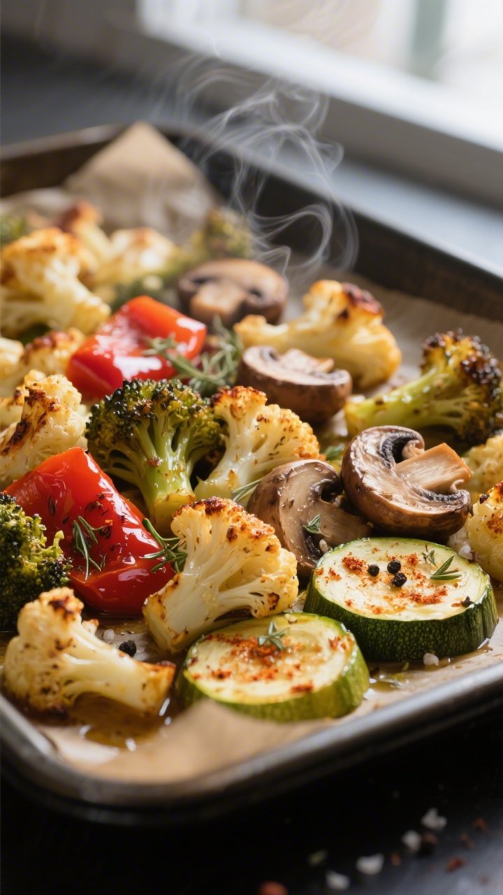 Close-up detail: Golden-browned keto roasted veggie medley just out of the oven, showing crisped bro