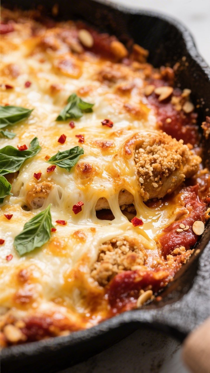 Close-up detail: Golden, bubbling Keto Chicken Parmesan Bake just out of the oven in a black oven-sa