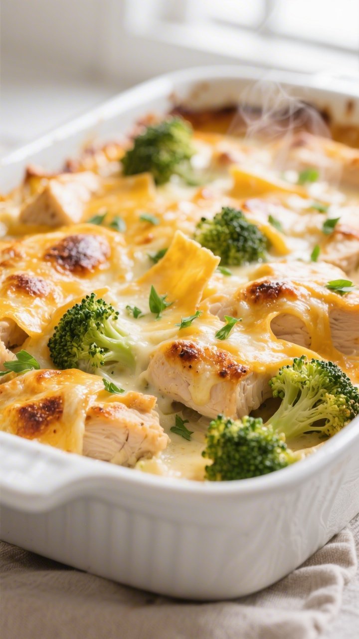 Close-up detail: Golden, bubbly Cheesy Broccoli Keto Chicken Bake just out of the oven, showing cris