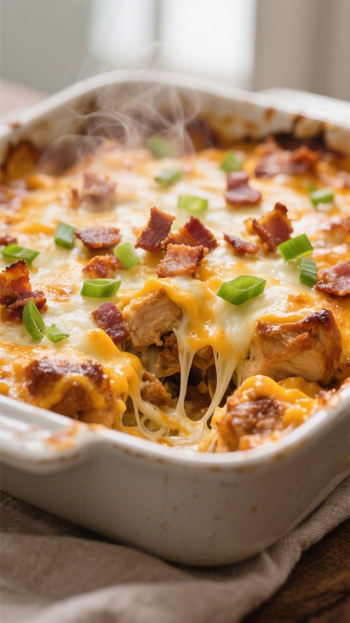 Close-up detail: Golden, bubbly Keto BBQ Chicken Casserole just out of the oven, cheese melted and l