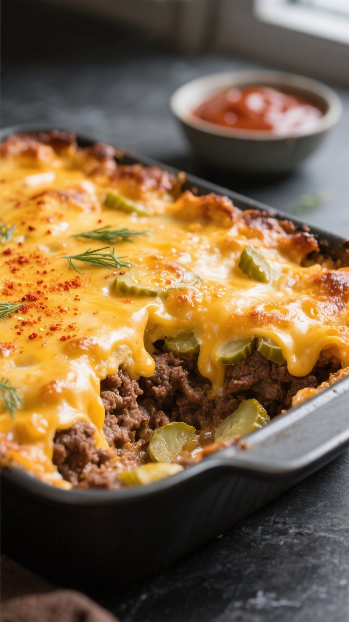 Close-up detail: Golden, bubbly Keto Big Mac Casserole just out of the oven, showing molten cheddar