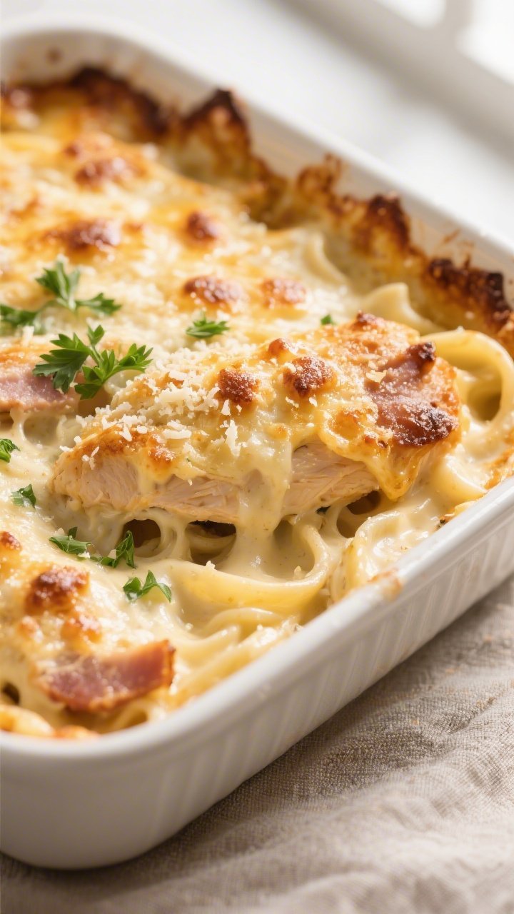 Close-up detail: Golden, bubbly keto Chicken Alfredo bake just out of the oven, showing the crisp po