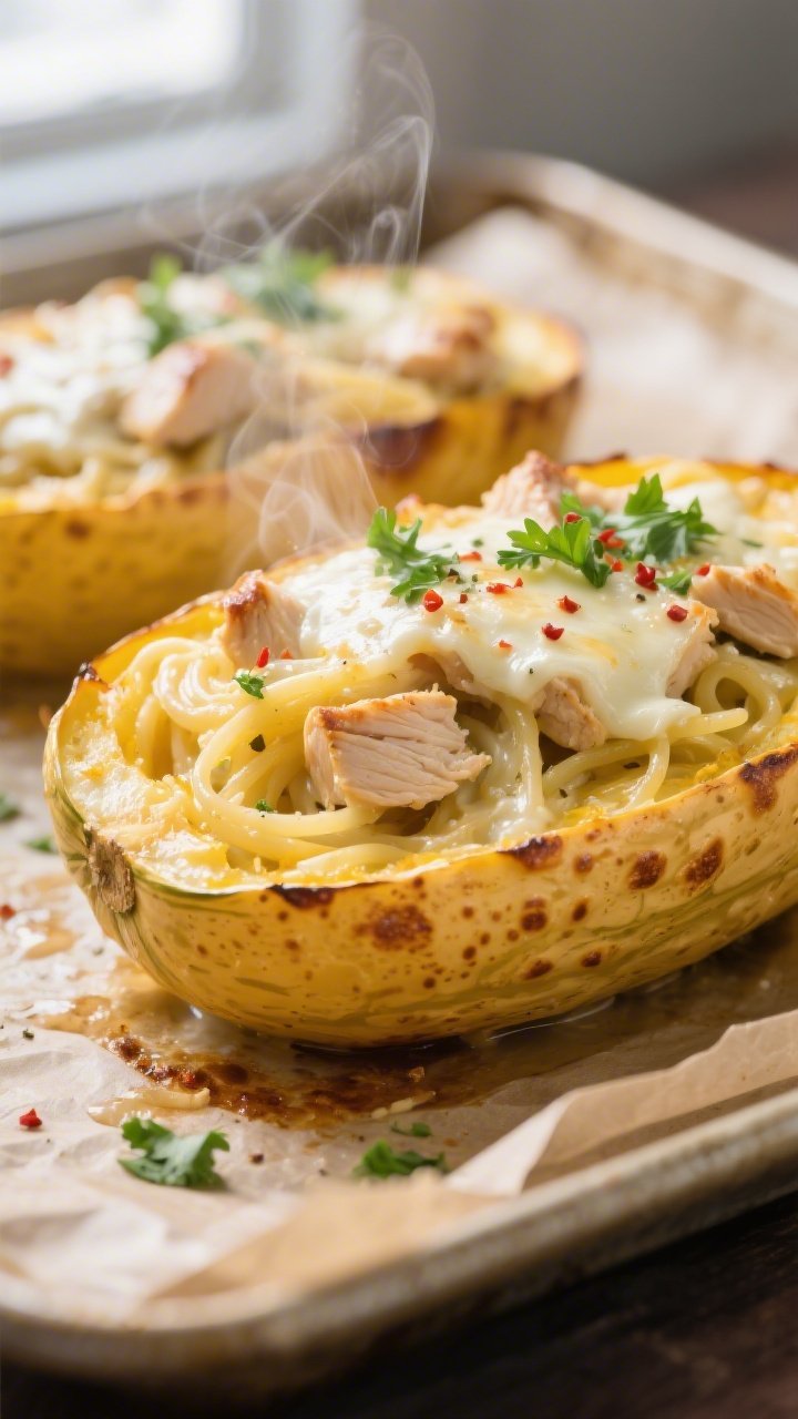 Close-up detail: Golden-bubbly Keto Chicken Alfredo Stuffed Spaghetti Squash just out of the oven, m
