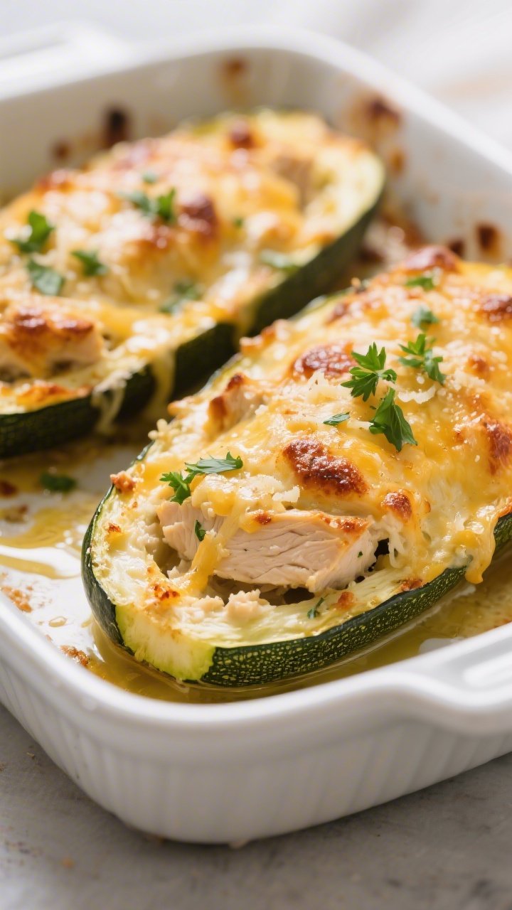 Close-up detail: Golden-bubbly Keto Chicken Zucchini Boats just out of the oven, cheese melted and l