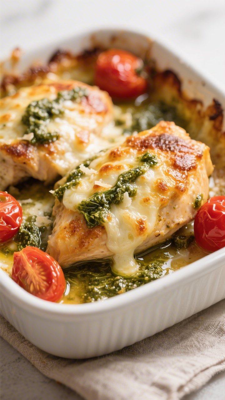 Close-up detail: Golden-bubbly Keto Pesto Chicken Bake fresh from the oven, mozzarella melted and sl