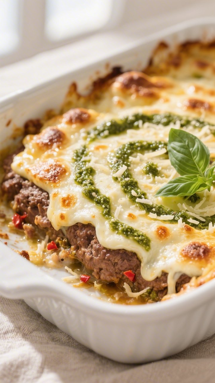 Close-up detail: Golden, bubbly keto pesto mozzarella hamburger bake just out of the oven, showing b