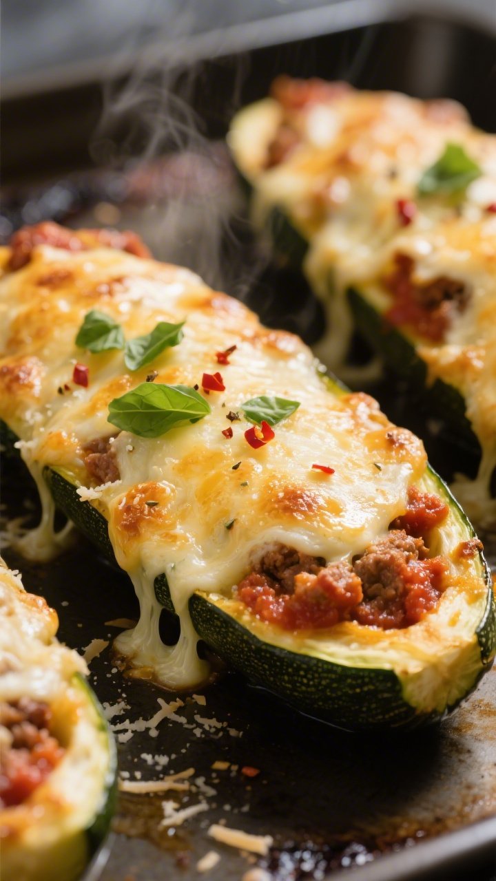 Close-up detail: Golden-bubbly keto stuffed zucchini boats just out of the oven, cheese blistered at