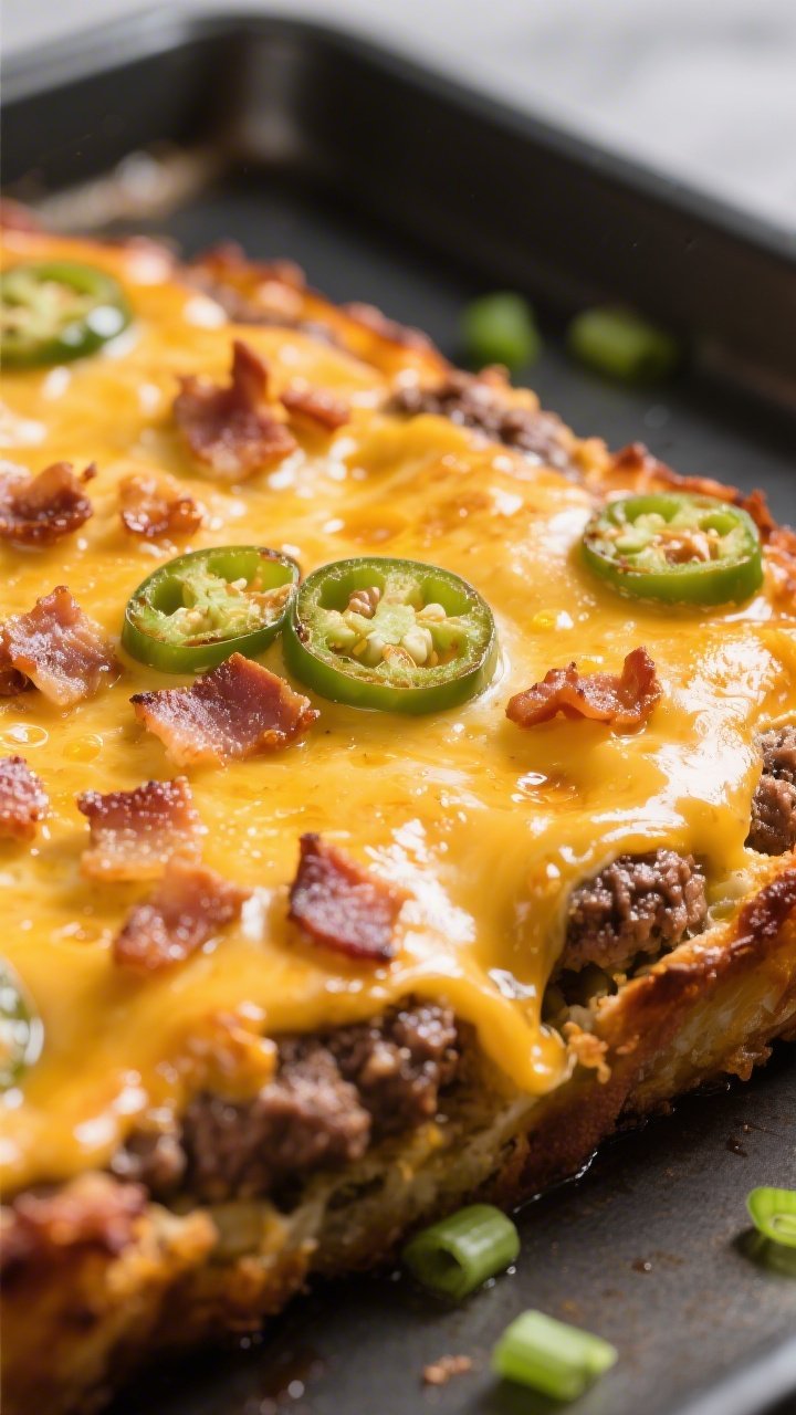 Close-up detail: Golden, bubbly top of a Keto Spicy Jalapeño Popper Hamburger Bake just out of the