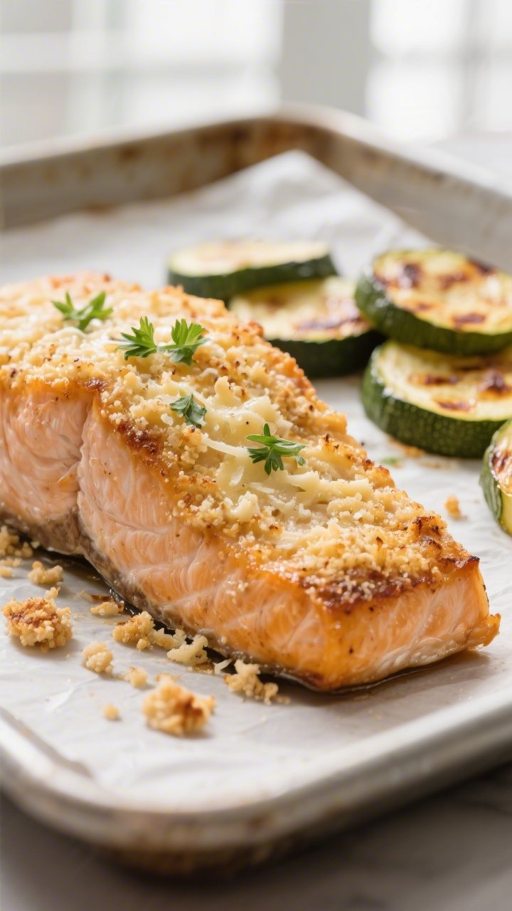 Close-up detail: Golden, cheesy crust on roasted salmon fillet just out of the oven, with crisped Pa