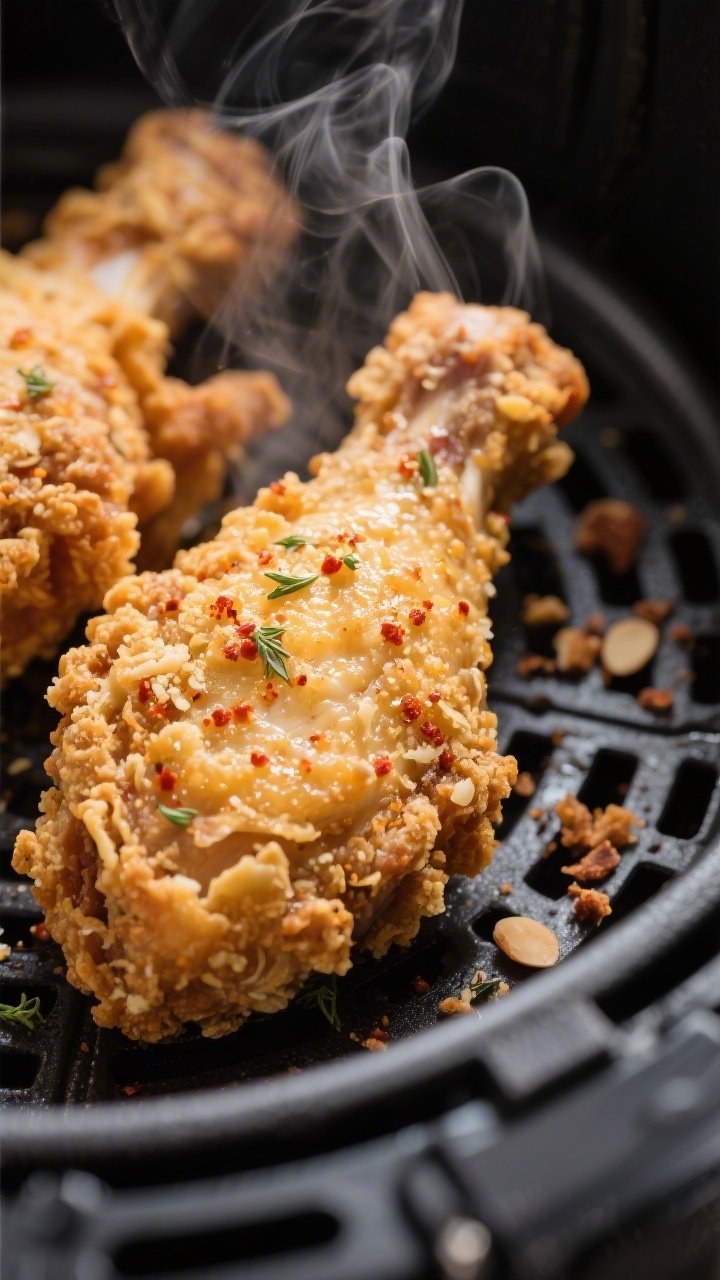 Close-up detail: Golden, crispy air fryer keto fried chicken thigh just out of the basket, showing c