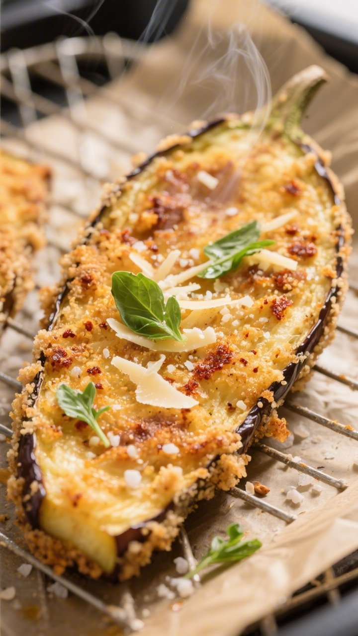 Close-up detail: Golden, crispy keto Parmesan-crusted eggplant slice just out of the air fryer, show