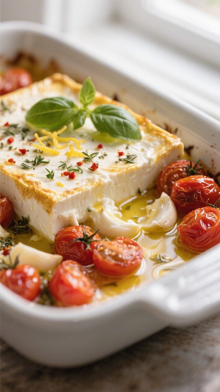 Close-up detail: Golden-edged block of baked feta partially mashed into blistered cherry tomatoes an
