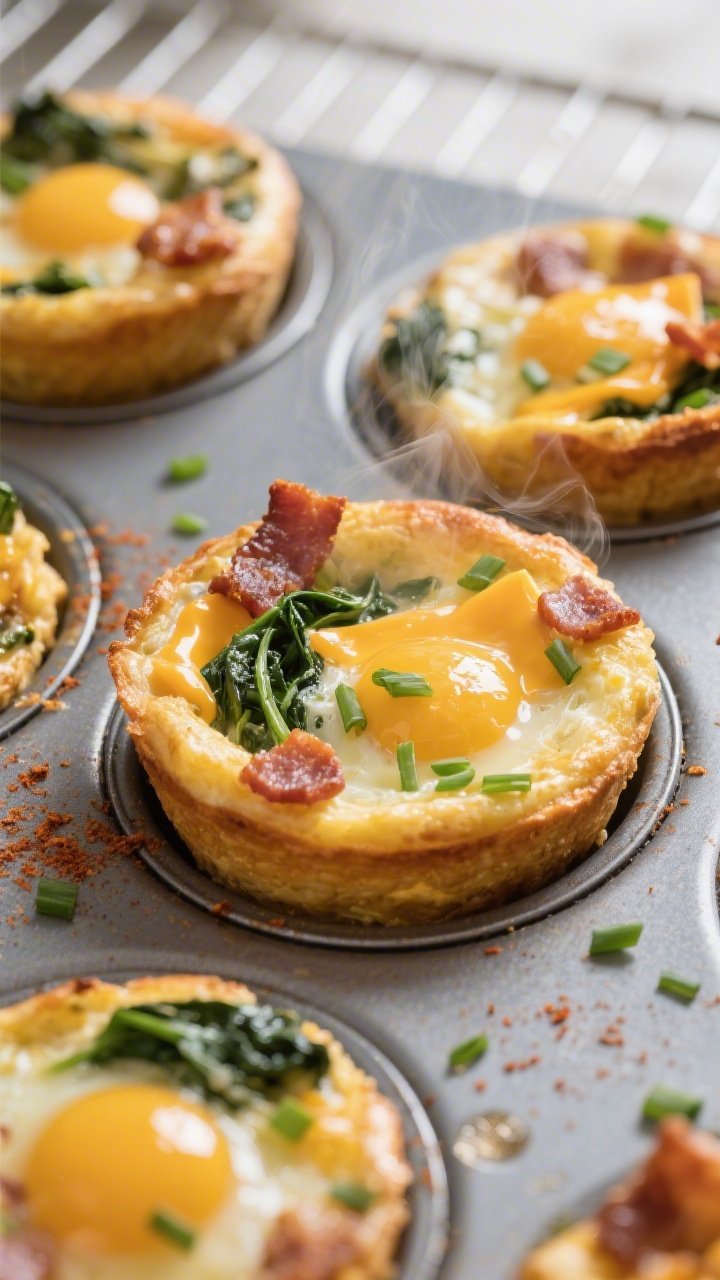 Close-up detail: Golden, freshly baked keto egg muffins just out of the oven in a nonstick muffin ti