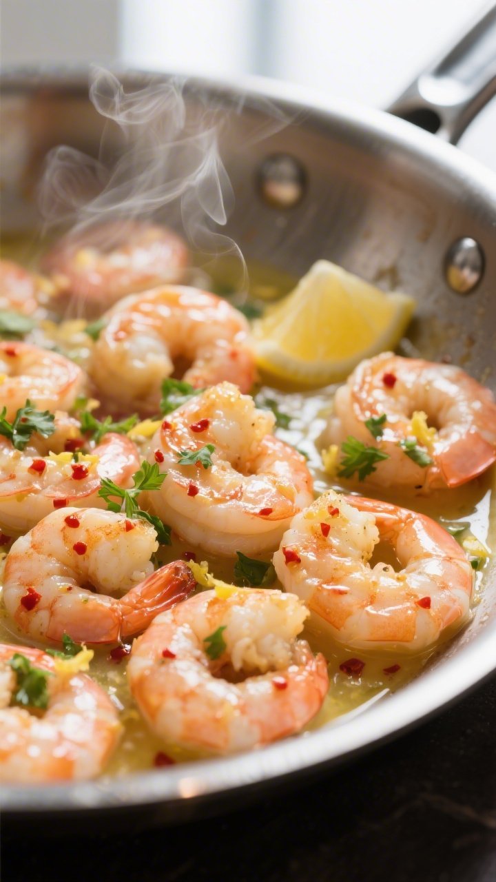 Close-up detail: Golden, just-cooked shrimp in a stainless steel skillet coated in glossy garlic-but