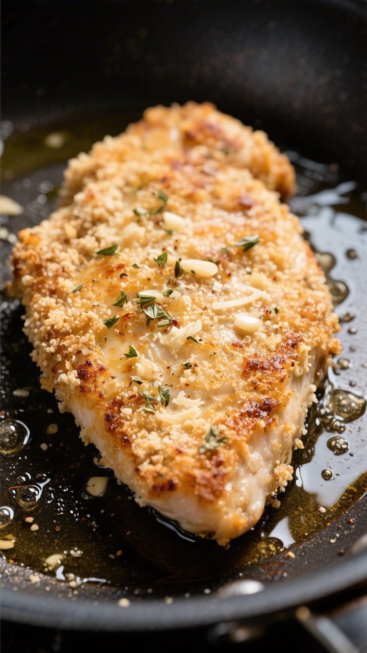 Close-up detail: Golden keto chicken cutlet just seared in a skillet, almond flour–Parmesan crust