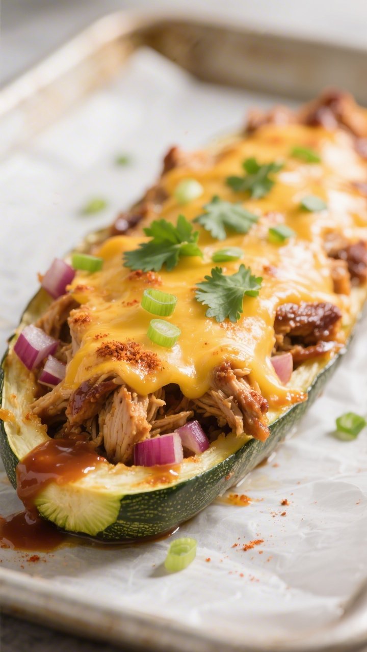 Close-up detail: Golden, melty-cheese–topped BBQ pulled chicken stuffed zucchini boat fresh from t
