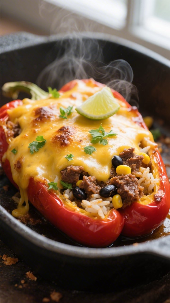 Close-up detail: Golden, melty-cheese-topped taco stuffed pepper just out of the oven, cheese lightl