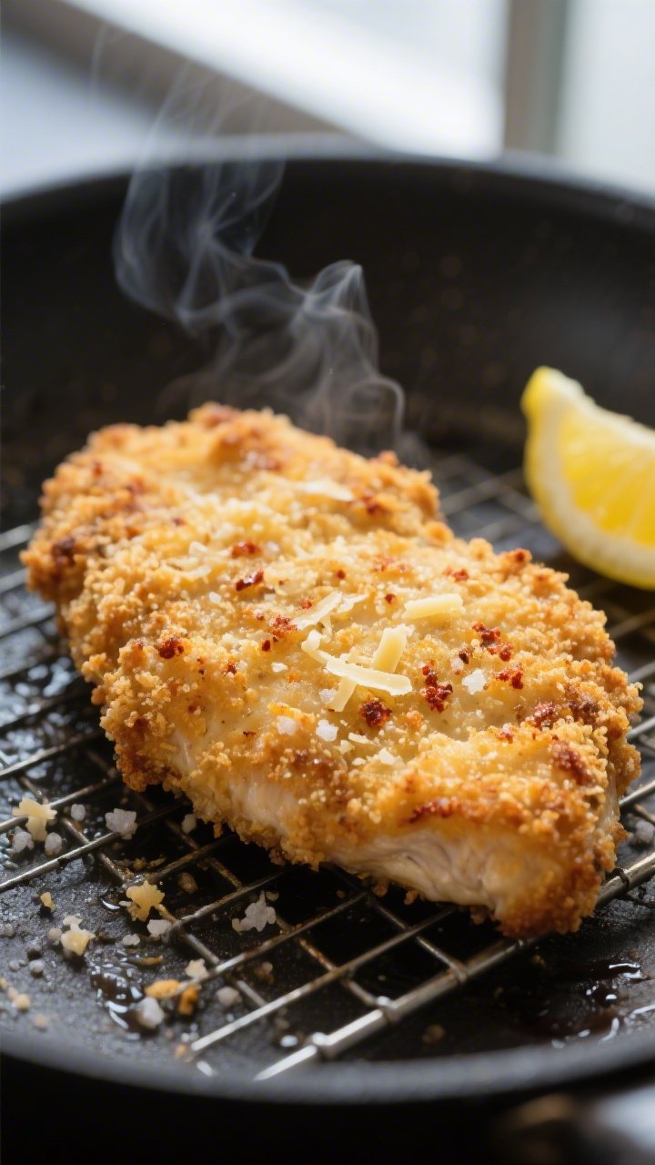 Close-up detail: Golden, pan-fried Parmesan-panko crusted chicken cutlet just off the skillet, shot 