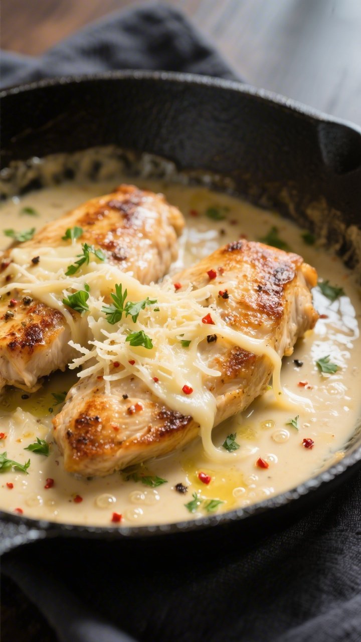 Close-up detail: Golden pan-seared chicken cutlets nestled in a creamy garlic-butter sauce, strings