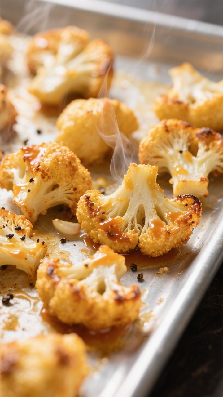 Close-up detail: Golden, roasted cauliflower bites just out of the oven, edges blistered and crisp f