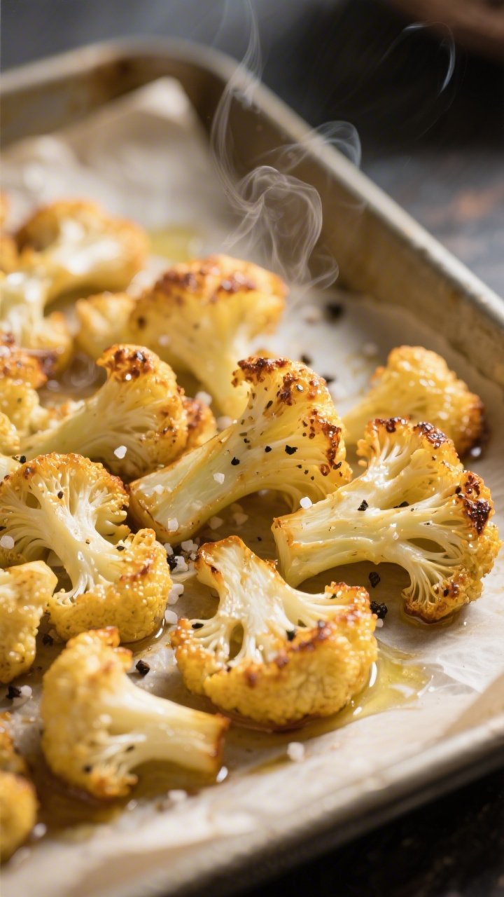 Close-up detail: Golden roasted cauliflower florets just out of the oven, edges lightly browned and
