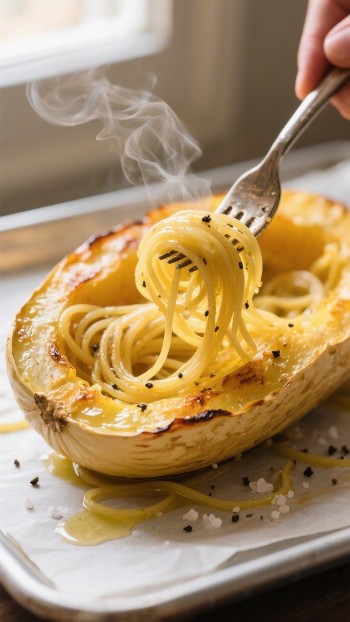 Close-up detail: Golden, roasted spaghetti squash strands being gently fluffed with a fork in the sh