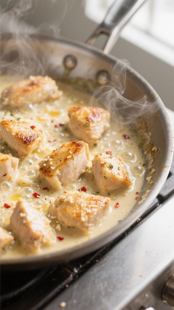 Close-up detail: Golden-seared bite-size chicken pieces simmering in a silky garlic-Parmesan cream s