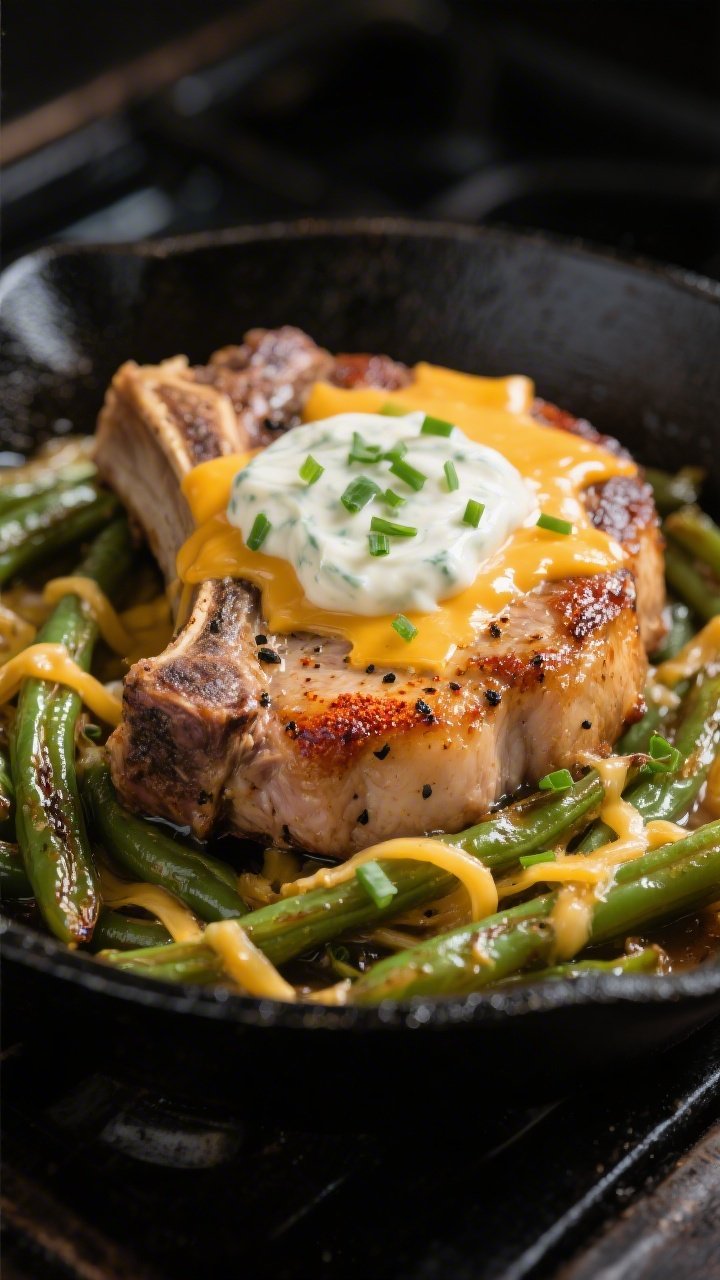 Close-up detail: Golden-seared bone-in pork chop nestled among blistered green beans in a black oven