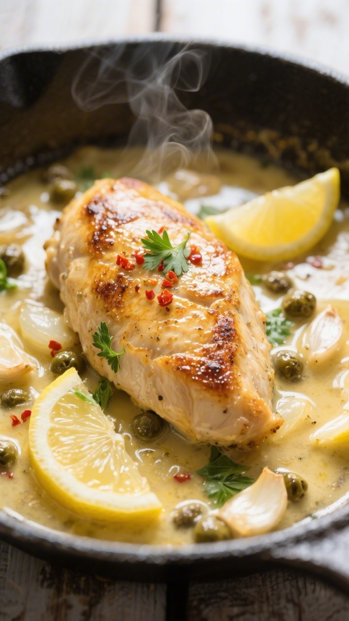 Close-up detail: Golden-seared chicken breast nestled in a glossy lemon-butter sauce in an oven-safe