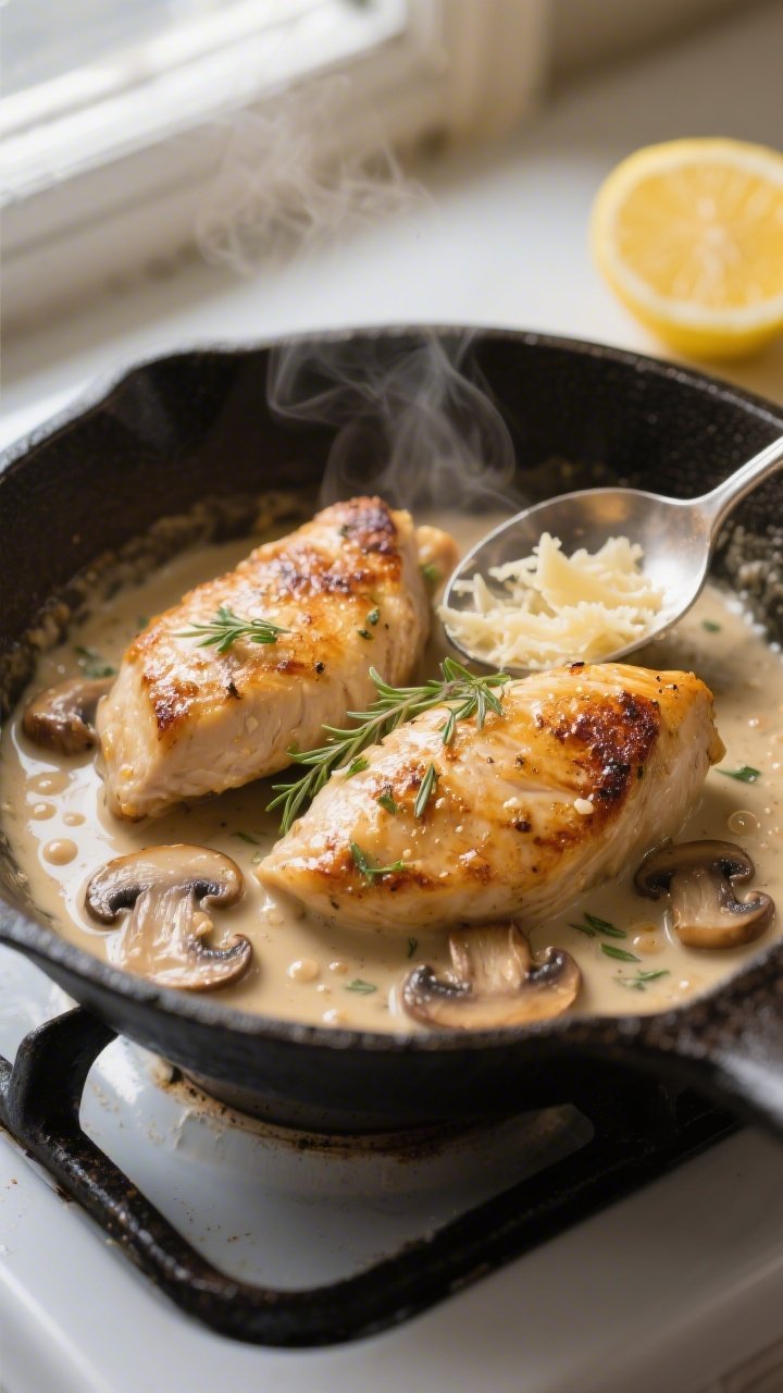 Close-up detail: Golden-seared chicken breasts nestled in a silky mushroom cream sauce mid-simmer, s