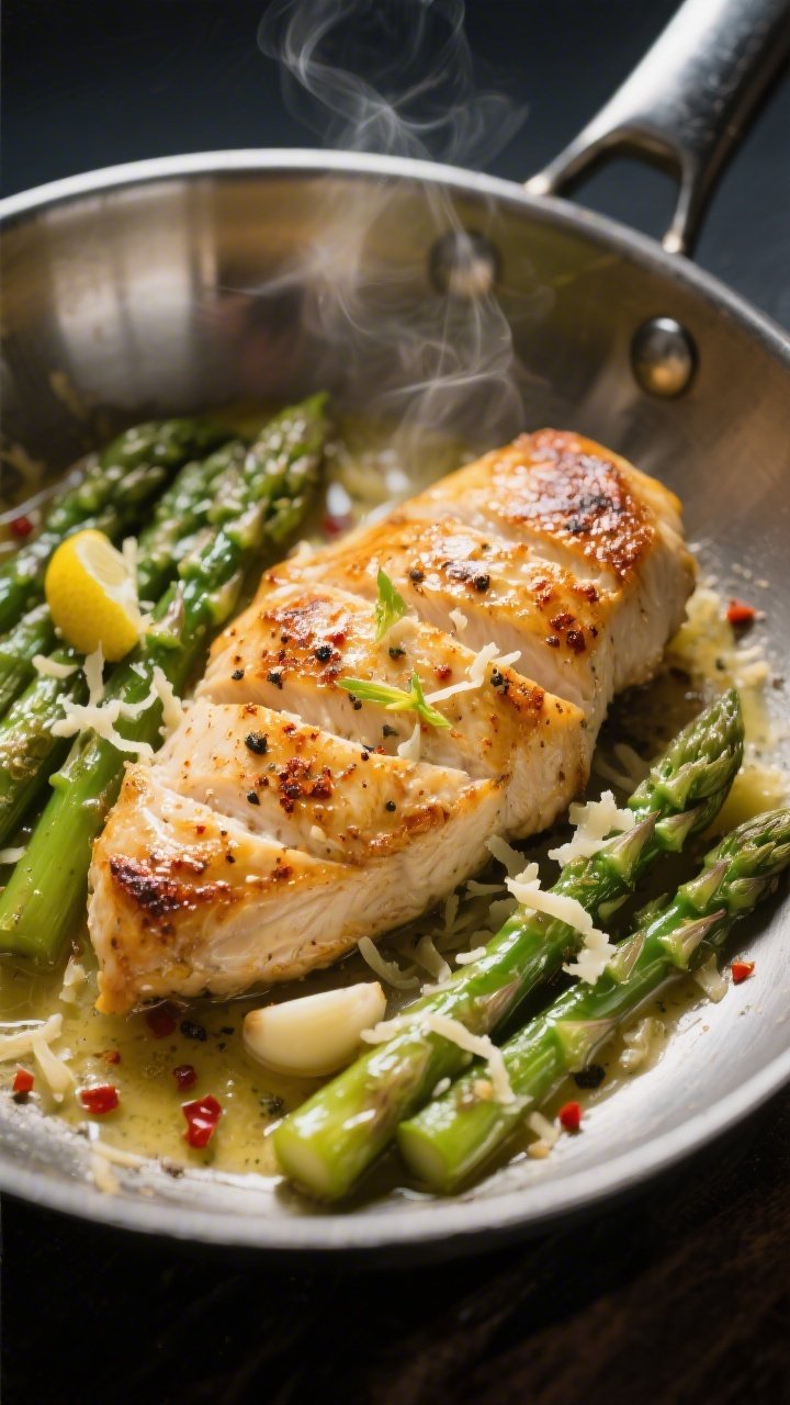 Close-up detail: Golden seared chicken cutlets in a stainless steel skillet nestled with crisp-tende
