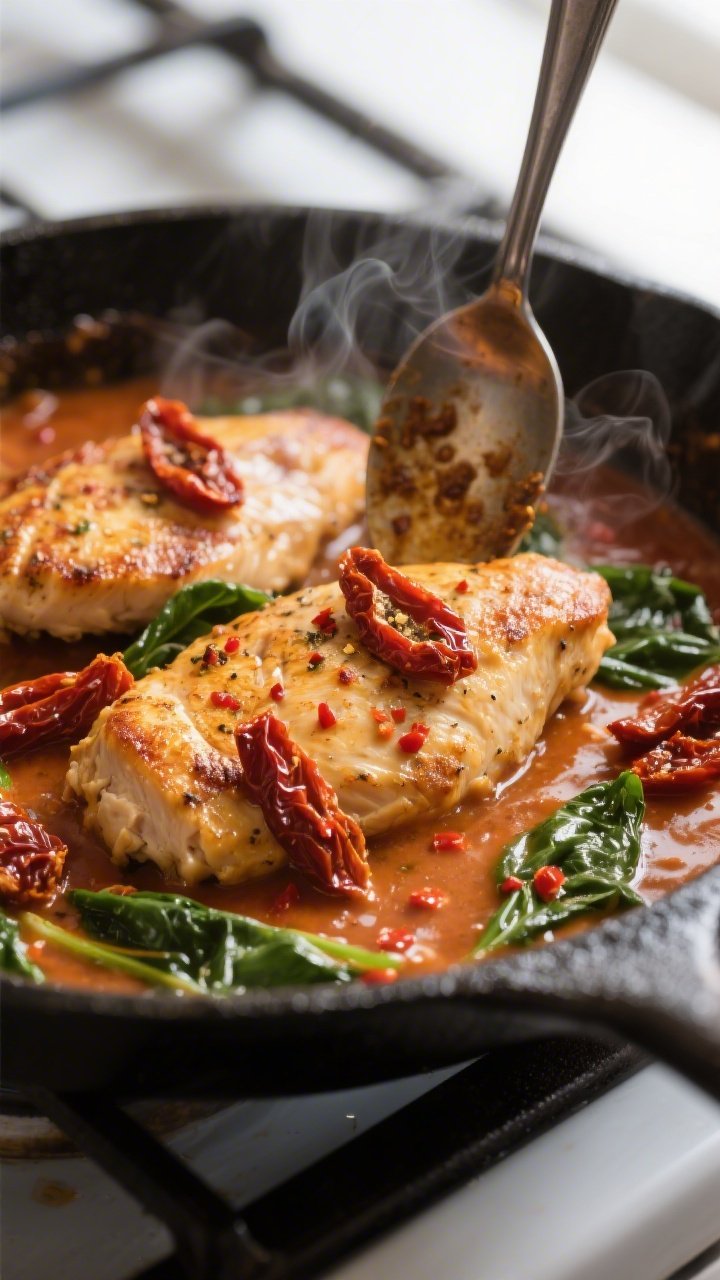 Close-up detail: Golden-seared chicken cutlets nestled in a glossy, creamy sun-dried tomato sauce mi