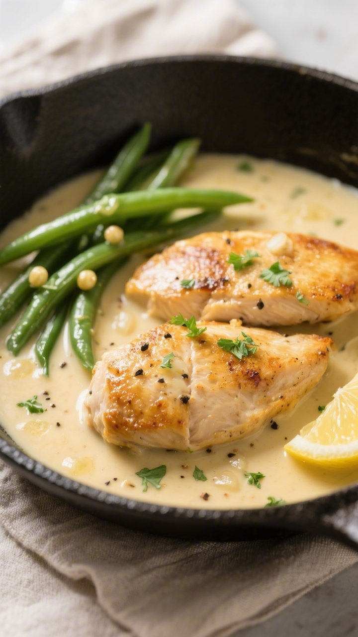 Close-up detail: Golden-seared chicken cutlets nestled in a silky Dijon cream sauce, sauce clinging 