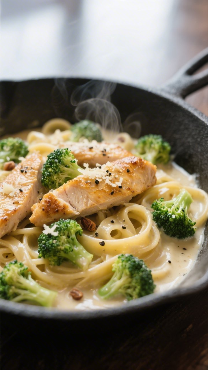 Close-up detail: Golden-seared chicken strips nestled with tender-crisp, bright-green broccoli flore